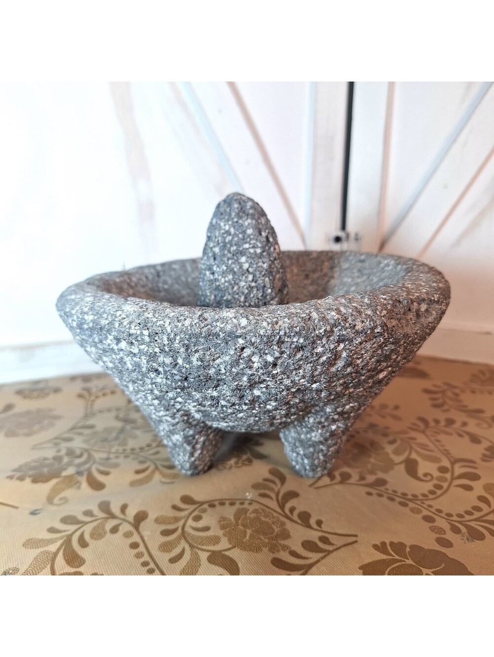 Vintage Molcajete with Tejolete 7.75"W X 4"H Lava Stone Mortar and Pestle